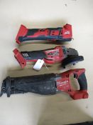 One Milwaukee M18 CSX Sawzall reciprocating Saw (Body only) and one Milwaukee M18 CAG115XPDB braking