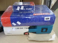 A Makita 216-piece Complete Drill and Bit Set, a Duratool 94-piece Combination Socket Set and a