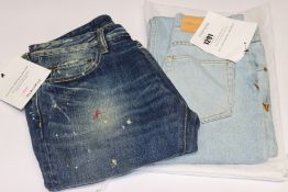 A man's DSquared dark stone washed denim jeans with yellow and red stitching size 46 and a women's