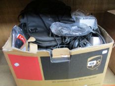 A box of assorted as new and pre-owned small electrical items and accessories.