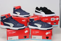Three pairs of children's as new Puma Rebound Layup trainers (UK 11.5K, 1, 3) together with a pair