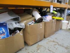 Four boxes of miscellaneous items to include hand tools, clothing, toiletries and stationery.