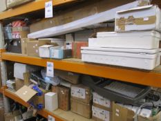 Two shelves of miscellaneous electrical items to include Campana ceiling lights and Click 2 gang