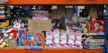 A shelf of assorted as new toys to include Talk Back Unicorns, Rusty Rivets Tigerbot, wooden