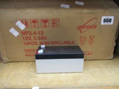 Ten boxed as new Genesis NP3.4-12 NP 12 Volt 3.4Ah lead acid batteries.
