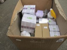 A collection of boxed Scentsy items including candle related items and scented cleaning products.