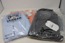 Four items of men's as new Denham clothing; Manners shirt in blue (XL), Brand sweatshirt (L) two