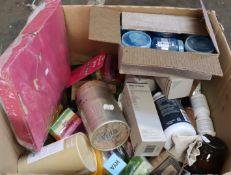 A box of assorted as new/used cosmetics and toiletries/beauty products.