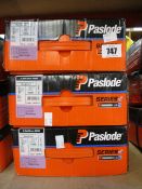 Three Paslode 141071 2.8 x 63mm Galv Plus round ring shank nails x 3300 with 3 fuel cells (Some
