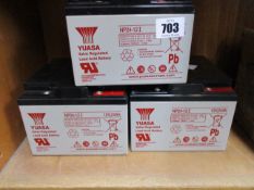 Three Yuasa NP24-12I valve regulated lead acid batteries.