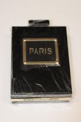 Two as new Hearty Trendy Perfume Bottle shoulder strap Paris Label black purse. One as new Hearty
