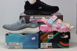 Three pairs of as new Skechers footwear; Skech Ultra Flex 2.0 (UK 6), Syn Elite womens (UK 6.5)