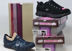 Three pairs of as new Skechers footwear; two Synergy Trend Setter (UK 5 and 7) and Bikers MC Fire