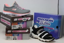 Three pairs of as new Skechers footwear; women's D'Lites Fresh Catch (UK 4) and two pairs of Summits