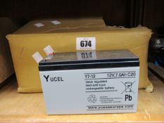 Eight boxed as new Yucel Y7-12 valve regulated, lead-acid, rechargeable batteries (12V, 7.0Ah C20).