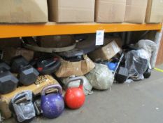 A quantity of weights, kettle bells and related.