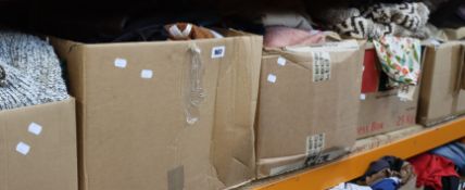 Five boxes of assorted clothing and related items.