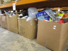 Four boxes of miscellaneous items to include stationery, toiletries and hand tools.