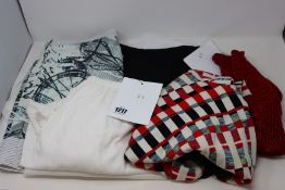 Six items of pre-owned clothing to include: a Helmut Lang red netted shirt size P, a Mary Katrantzou