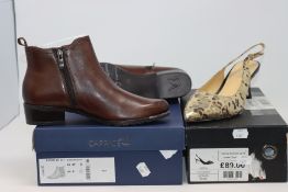 Two pairs of as new Caprice Dark Brown ankle boots (Size UK 41/2 Damaged Box, UK4) and a pair of