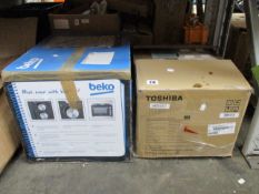 A boxed as new Toshiba MM-MM20P white microwave and a boxed as new Beko mini oven with hob (