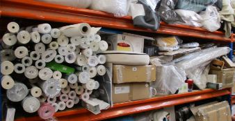 A large shelf of assorted household items to include blackout blind, wash basin, cot mattress,