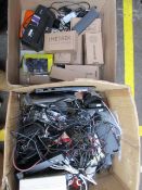 Two boxes of assorted as new and pre-owned small electrical items and accessories.