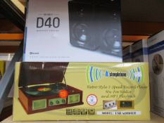 A Steepletone Retro Style 3-Speed Record Player and a pair of Majority D40 Bookshelf Speakers.