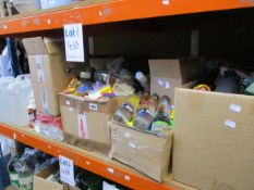 Two shelves of miscellaneous food, drink and related items.
