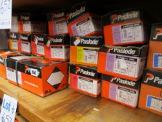 A quantity of assorted as new Paslode nails/brads with fuel cells to include codes: 141256,