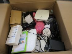A box of assorted pre-owned small electrical items and accessories.