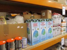 One shelf of miscellaneous food, drink, confectionery and related items to include Extra Virgin