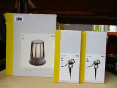 Three SLV E27 Cone outdoor lights and six SLV LED Spikes, all boxed.