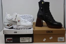 A pair of ASOS Robyn Premium leather platform boots in black (UK 5), a pair of Fila Disruptor 2A