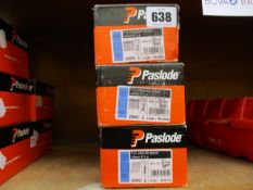 Five boxes of as new Paslode angled and straight brads with fuel cells (921590, 300272 and 300271).