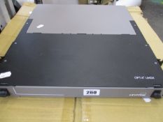 A pre-owned Leviton OPT-X UHDX 1RU Fiber Enclosure (Untested, sold as seen).