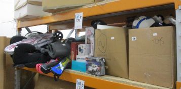 A quantity of miscellaneous toys and electrical items to include a child's car seat, pushchair, soft