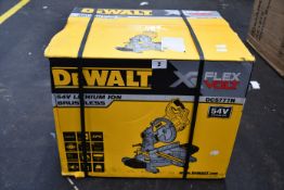 One boxed as new DeWalt 54V Cordless Flex volt Mitre Saw Body Only (Model: DCS777N).
