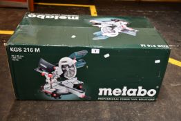 One boxed as new Metabo 110v Crosscut Mitre Saw (Model: KGS216M).