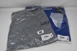 Two as new Emporio Armani EA7 T-shirts, one grey and one blue (Both M).