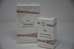 Two Burberry Her eau de parfums (1 x 30ml 1 x 100ml).