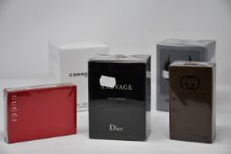 Five boxed as new fragrances; Sauvage eau de parfum (100ml, 10ml refill), Gucci Guilty Absolute pour