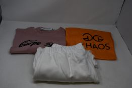 Two as new Chaos-Fashion T-shirts (L - RRP £54 each) and a pair of sweatpants (L).
