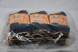 Twenty four pairs of ladies as new Heat Holders Workforce thermal socks in black with a yellow twist