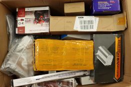 A box of assorted as new small electrical items and accessories.