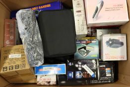 A box of assorted as new small electrical items and accessories.