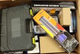 A box of assorted as new small electrical items and accessories.