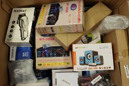 A box of assorted as new small electrical items and accessories.