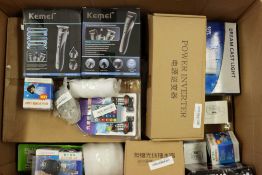 A box of assorted as new small electrical items and accessories.