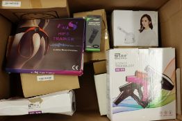 A box of assorted as new small electrical items and accessories.